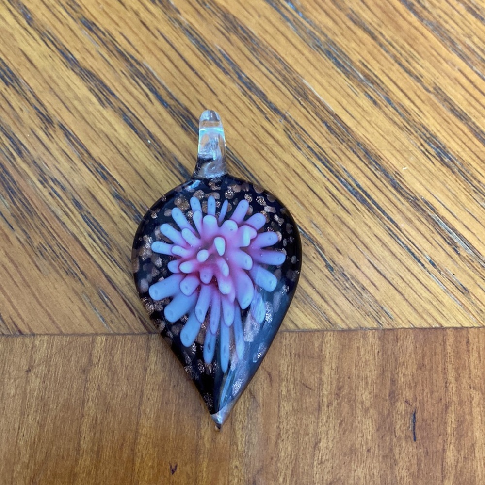Vintage Teardrop Art Glass Black Pink Pendant
